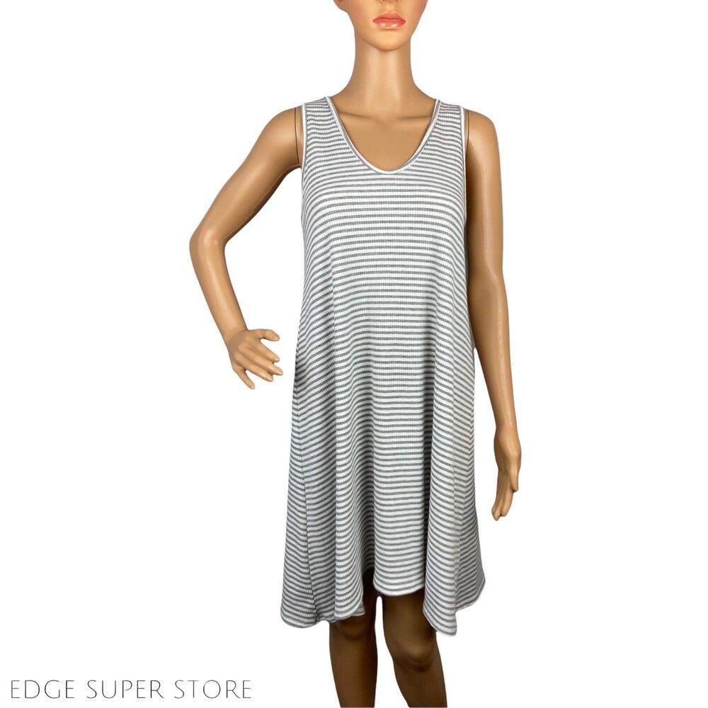 Acemi Gray White Striped Jersey Open Back Stretch Sleeveless V Neck Dress Medium